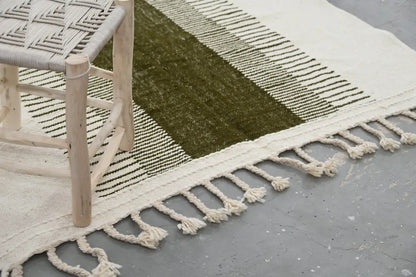 Decorbites moroccan handmade traditional azilal rug with olive green cream stripes and fringed edges woven cotton 253x145 cm