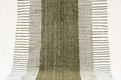 Olive green woven fabric with textured striped pattern on moroccan handmade traditional azilal rug by decorbites