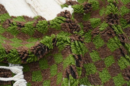 Decorbites™ moroccan handmade traditional azilal rug in green and brown checkered wool with a plush textured surface