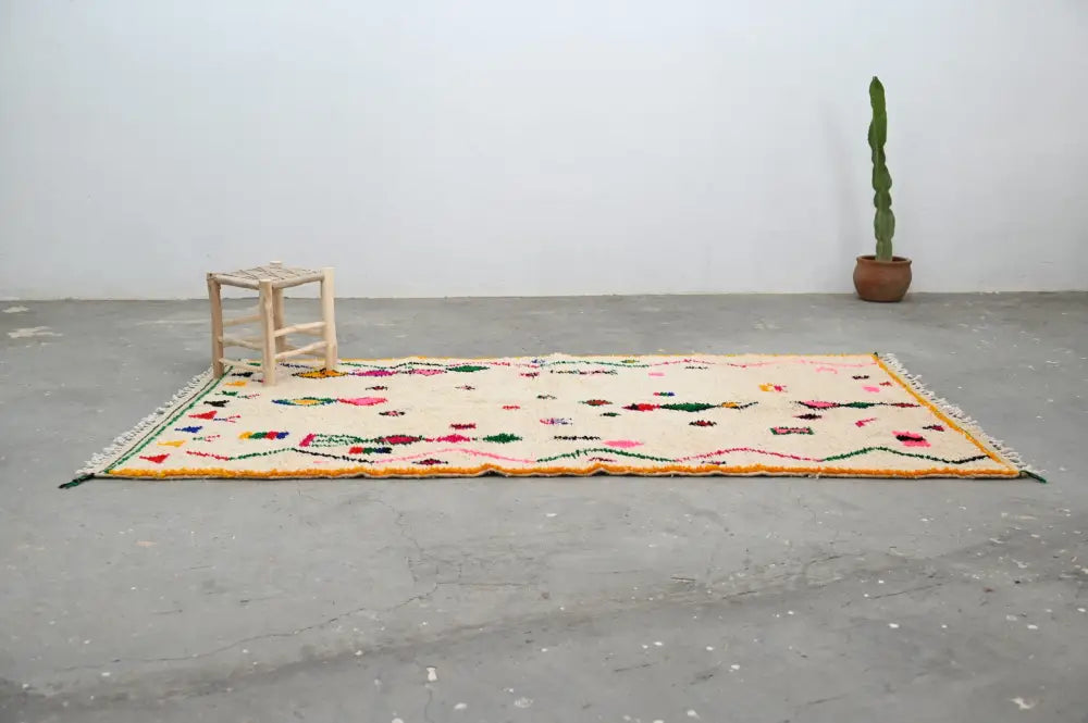 Beige DecorBites™ moroccan handmade traditional azilal rug with colorful geometric floral patterns and fringed edge 256 x 147 cm