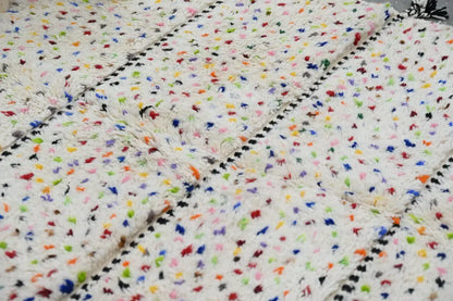 Decorbites™ moroccan handmade traditional azilal rug white fluffy with colorful speckles and black stitched borders 257 x 160 cm
