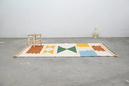 DecorBites™ moroccan handmade traditional azilal rug with geometric patterns and colorful blocks in cream and tassels