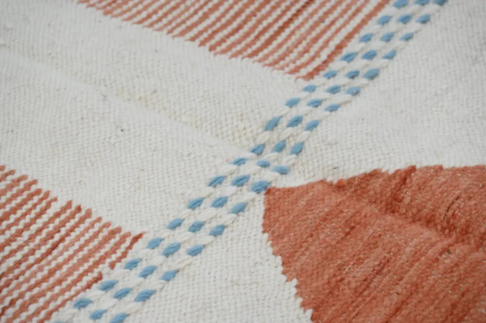 Decorbites™ moroccan handmade traditional azilal rug 260 x 141 cm with textured woven geometric patterns in cream terracotta and light blue