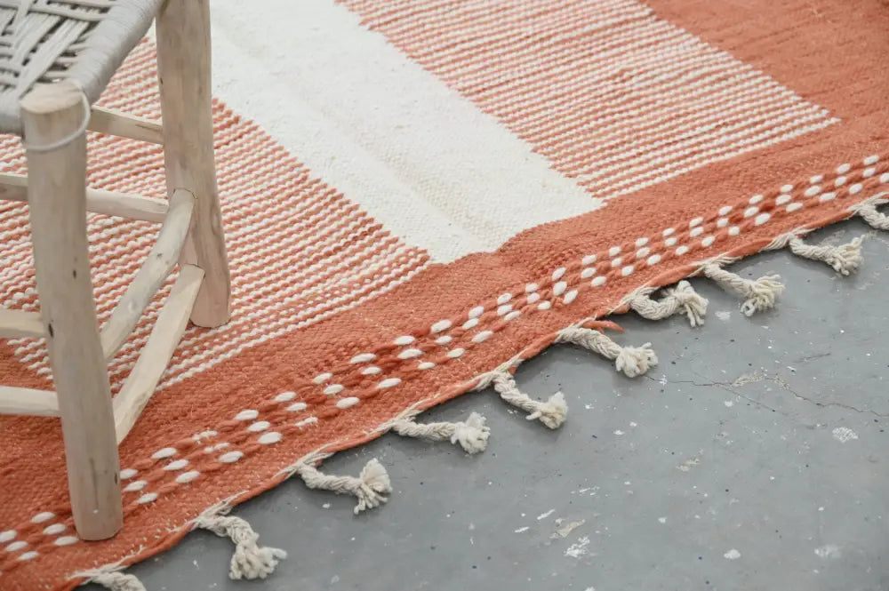 Decorbites™ moroccan handmade traditional azilal rug 260 x 141 cm with woven orange and white stripes and fringed edges