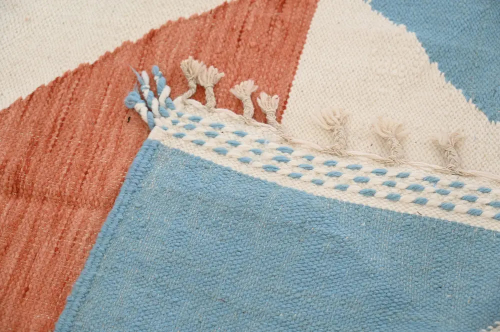 Decorbites™ moroccan handmade traditional azilal rug 260 x 141 cm with geometric coral pink blue and cream textured design