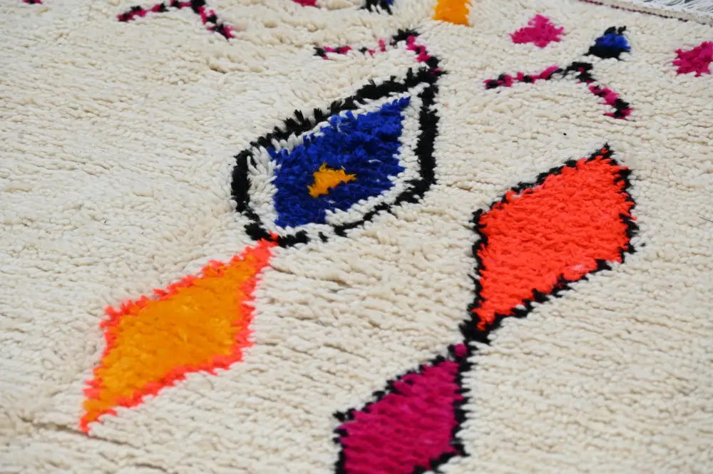 DecorBites™ moroccan handmade traditional azilal rug with vibrant geometric pattern on cream wool base in bold colors