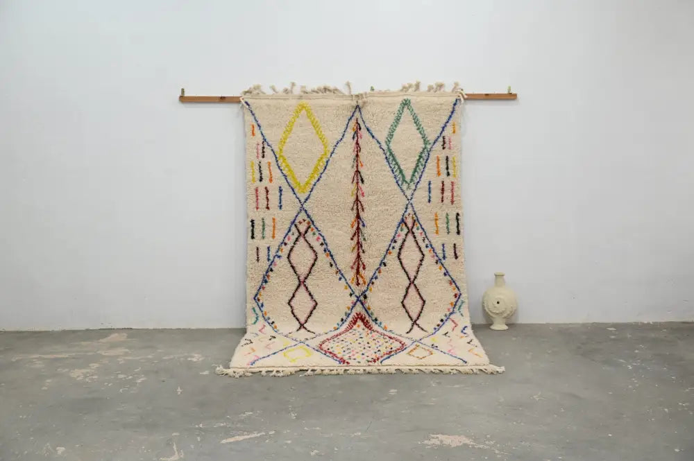 Beige moroccan handmade traditional azilal rug with yellow green brown geometric patterns by decorbites