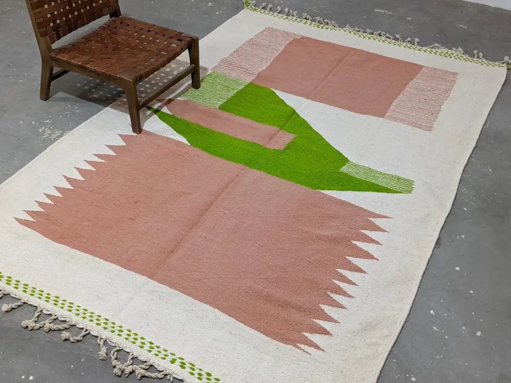 Beige and green geometric-patterned moroccan handmade traditional azilal rug with fringed edges by DecorBites 300 x 196 cm