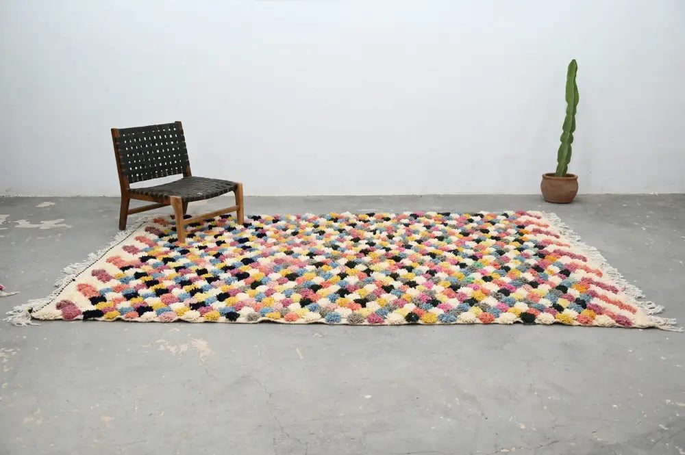 Multicolored woolen decorbites moroccan handmade traditional azilal rug with textured geometric pattern and fringed edges