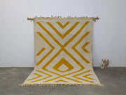 DecorBites™ moroccan handmade traditional azilal rug with cream base mustard-yellow geometric patterns and fringed edges