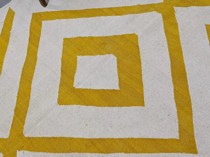 DecorBites™ moroccan handmade traditional azilal rug in white and mustard yellow with a bold concentric square pattern