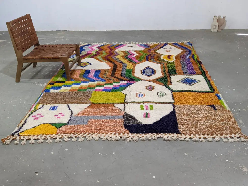 Vibrant moroccan handmade traditional azilal rug in multicolored wool with geometric patterns and fringe 304 x 200 cm