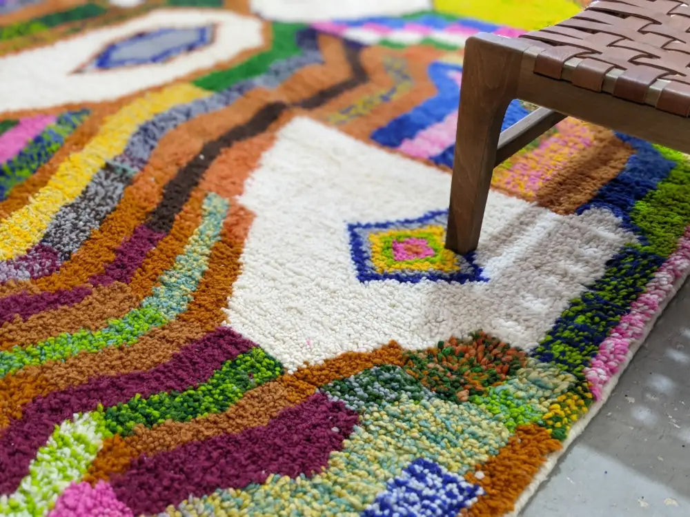 DecorBites™ moroccan handmade traditional azilal rug with vibrant multicolored wool and bold geometric patterns