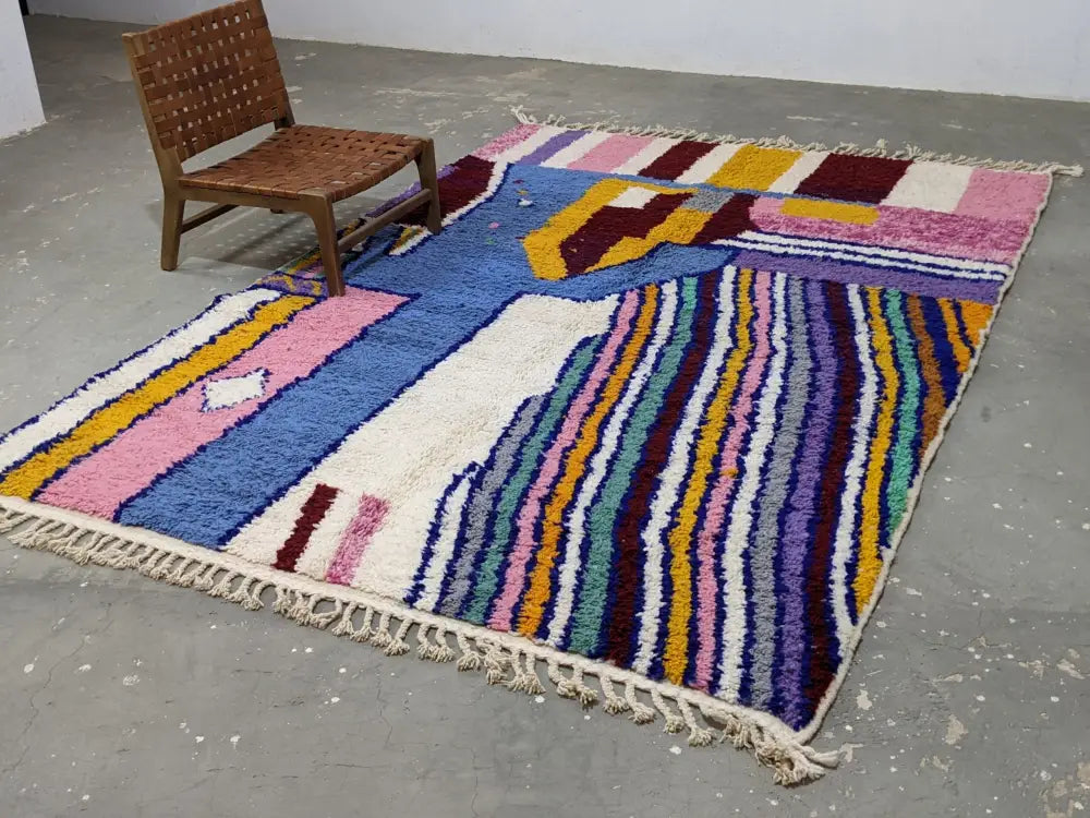 Vibrant multicolored moroccan handmade traditional azilal rug with bold geometric stripes and fringe 304 x 210 cm