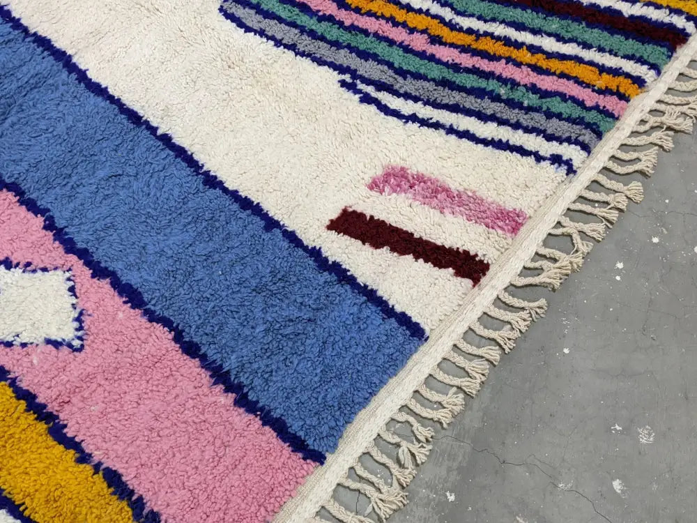 DecorBites™ moroccan handmade traditional azilal rug with colorful bold stripes and cream-colored fringe 304 x 210 cm