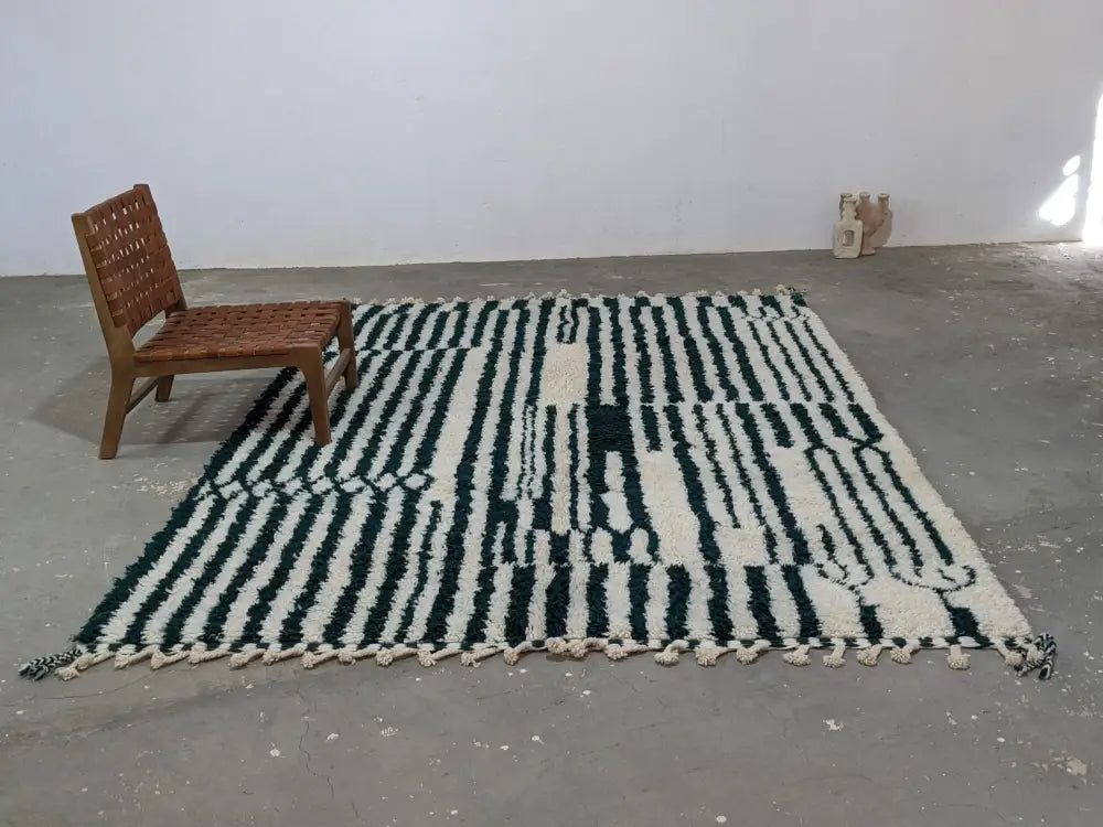 Decorbites™ moroccan handmade traditional azilal rug with bold black and white geometric stripes and tassels 316 x 206 cm