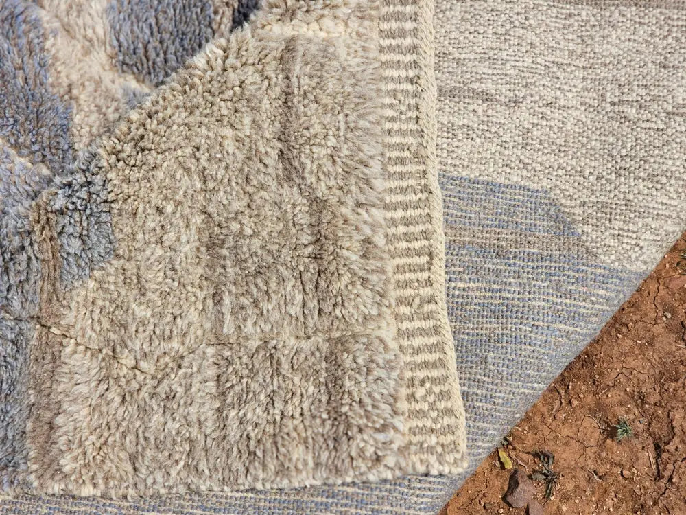 Beige and gray plush moroccan handmade beni mrirt rug with textured fuzzy surface 330 x 323 cm by DecorBites