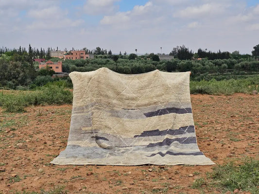 Beige and gray striped beni mrirt rug with textured hand-knotted design from decorbites moroccan handmade collection