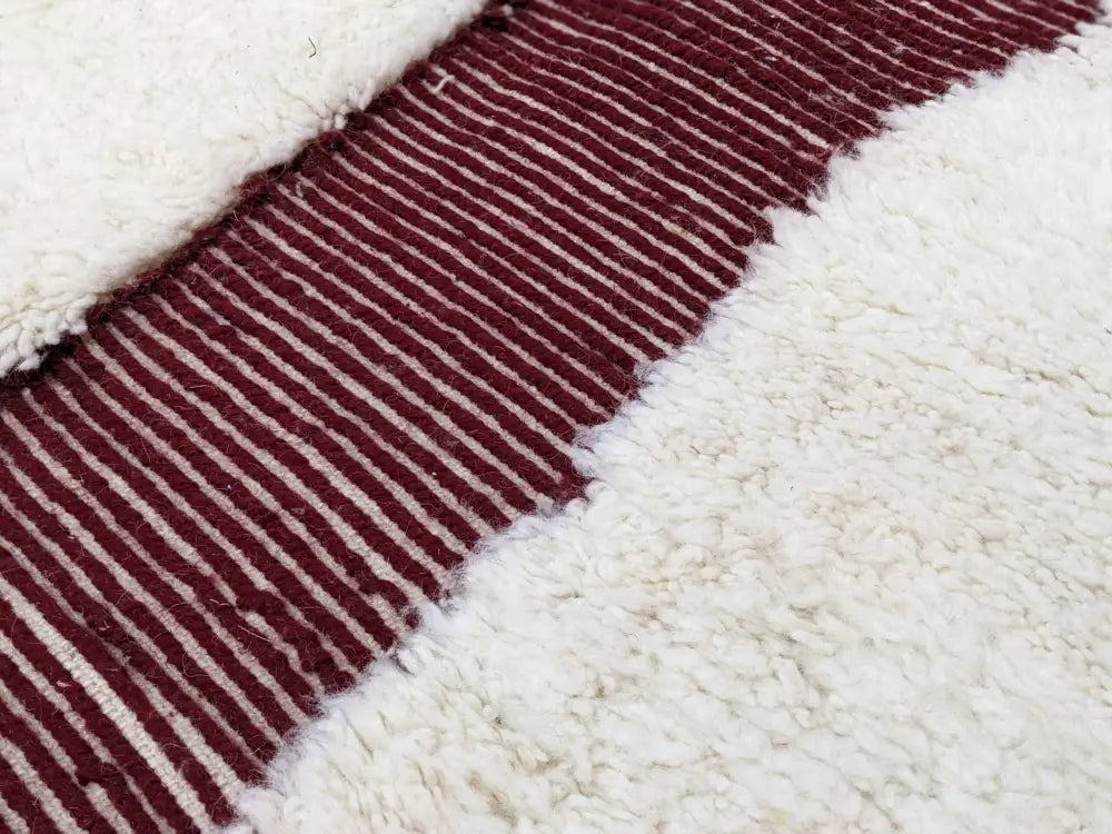 DecorBites™ moroccan handmade beni ouarain rug with cream wool and deep burgundy diagonal stripe 297 x 206 cm