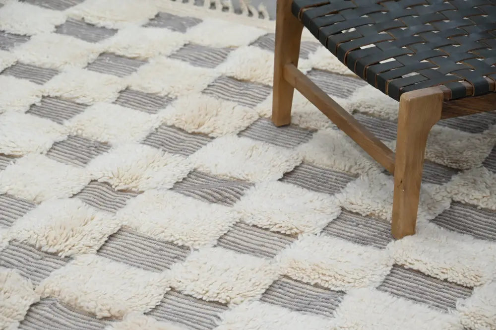 A plush cream and gray checkered shaggy beni ouarain rug by decorbites 300 x 203 cm handcrafted traditional design