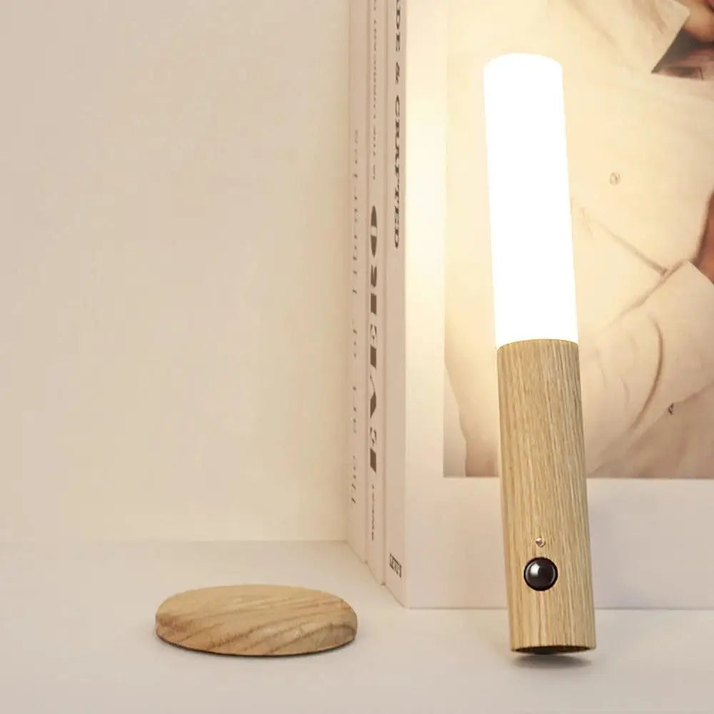 DecorBites™ Moroccan rechargeable battery wall sconce with warm white led and natural wood-textured base