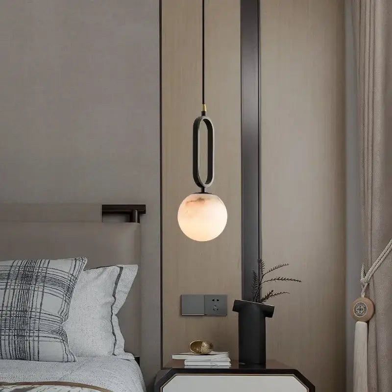 DecorBites™ black metal pendant light with frosted glass globe and natural marble base for led bulb use