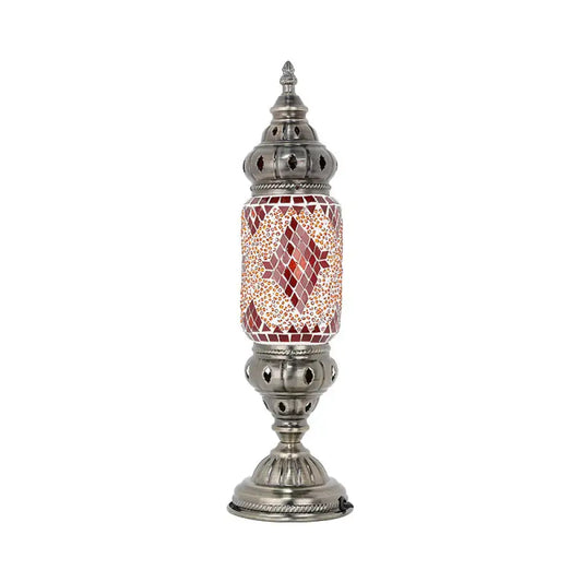Decorbites™ mosaic glass night light with red and white geometric patterns and nickel finish metalwork for bedroom use