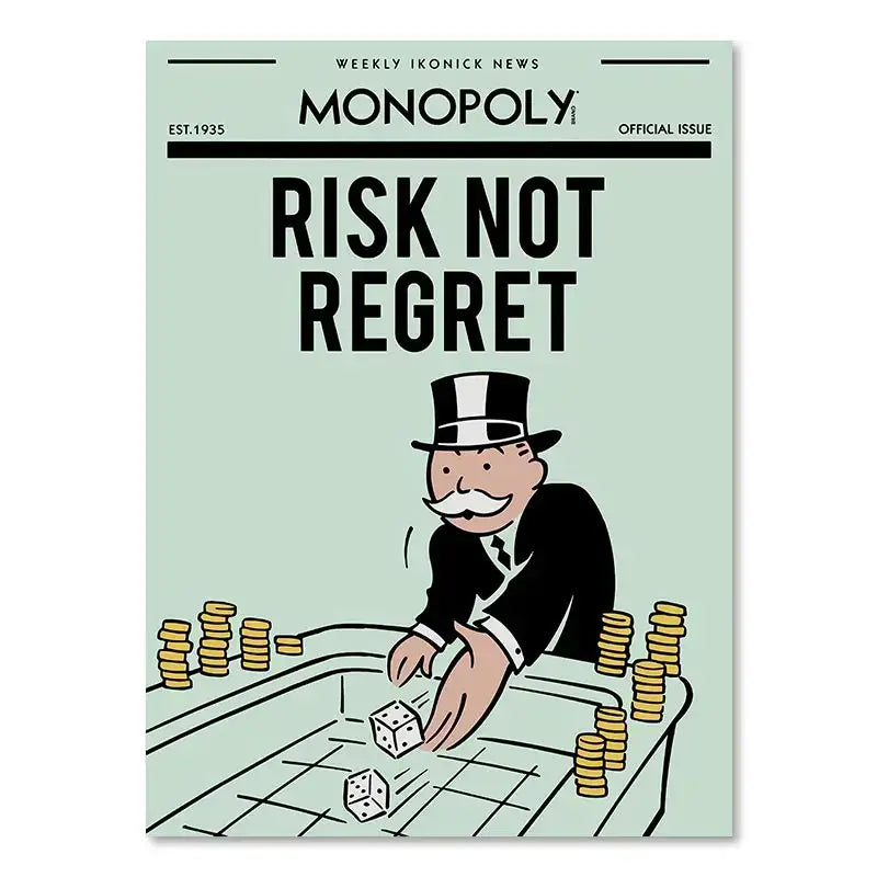 DecorBites motivational monopoly millionaire cartoon canvas wall art shows a man in top hat rolling dice by gold coins