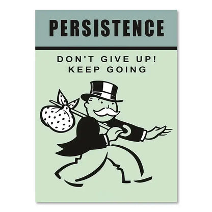 Decorbites motivational monopoly millionaire cartoon canvas wall art featuring black and white monopoly character on mint background