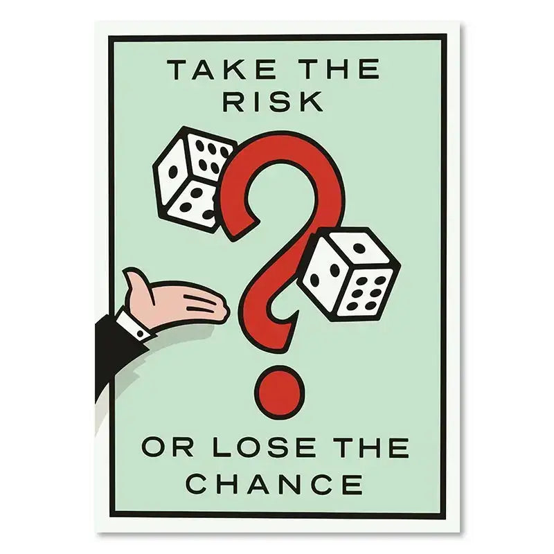 A mint green motivational monopoly millionaire canvas wall art with a red question mark dice and take the risk text
