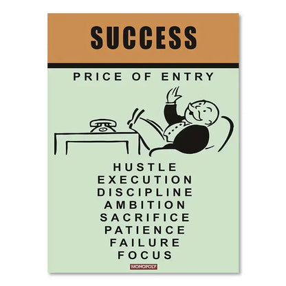 A minimalist decorbites™ motivational monopoly millionaire canvas with light mint background and businessman line art
