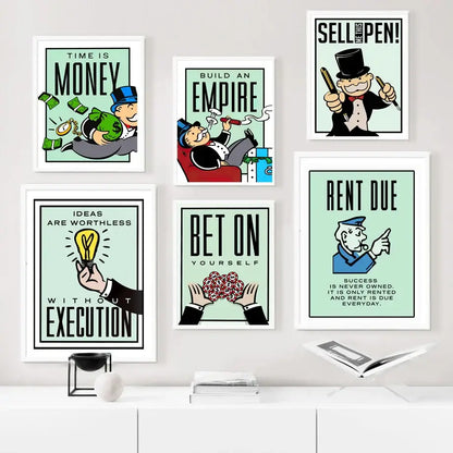Set of six framed DecorBites™ motivational monopoly millionaire cartoon canvas wall art with colorful illustrations