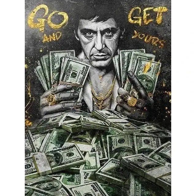 Decorbites™ motivational tony montana canvas wall art featuring black and white scarface tony montana portrait with gold accents