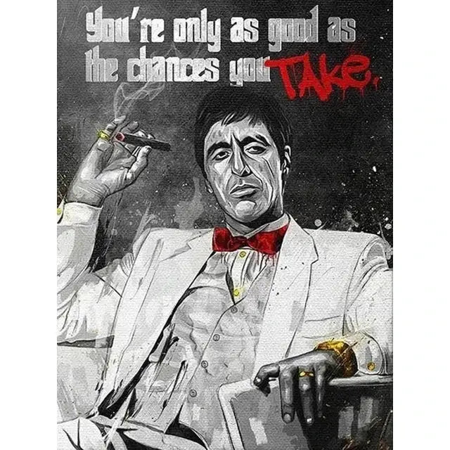 Black-and-white decorated motivational canvas wall art featuring scarface tony montana in white suit with cigar and red bow tie