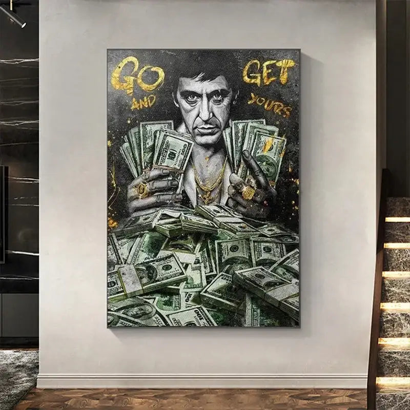 DecorBites™ motivational tony montana canvas wall art black and white painting with gold chains and go and get yours text