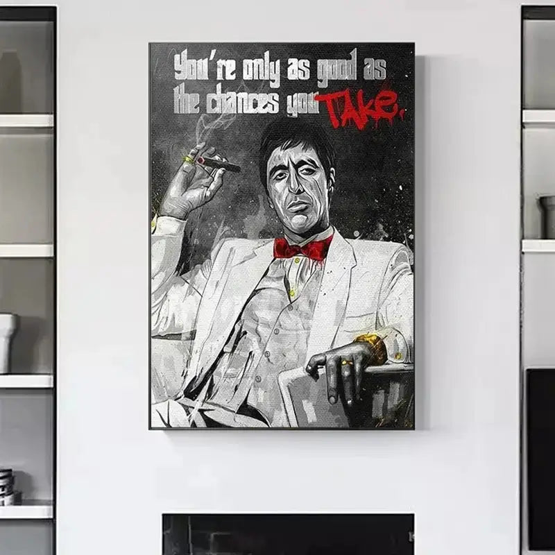 Black-and-white illustrated canvas wall art of scarface tony montana in white suit with red bow tie and motivational quote