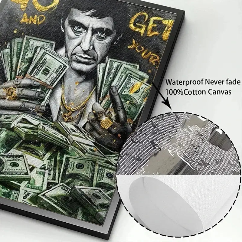 Black and gold tony montana canvas print on 100% cotton featuring portrait with stacks of money by decorbites