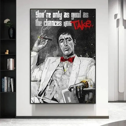 Black and white canvas print featuring a stylized tony montana portrait with red motivational text from DecorBites™