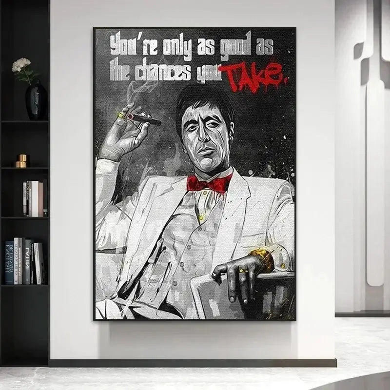 Black and white canvas print featuring a stylized tony montana portrait with red motivational text from DecorBites™