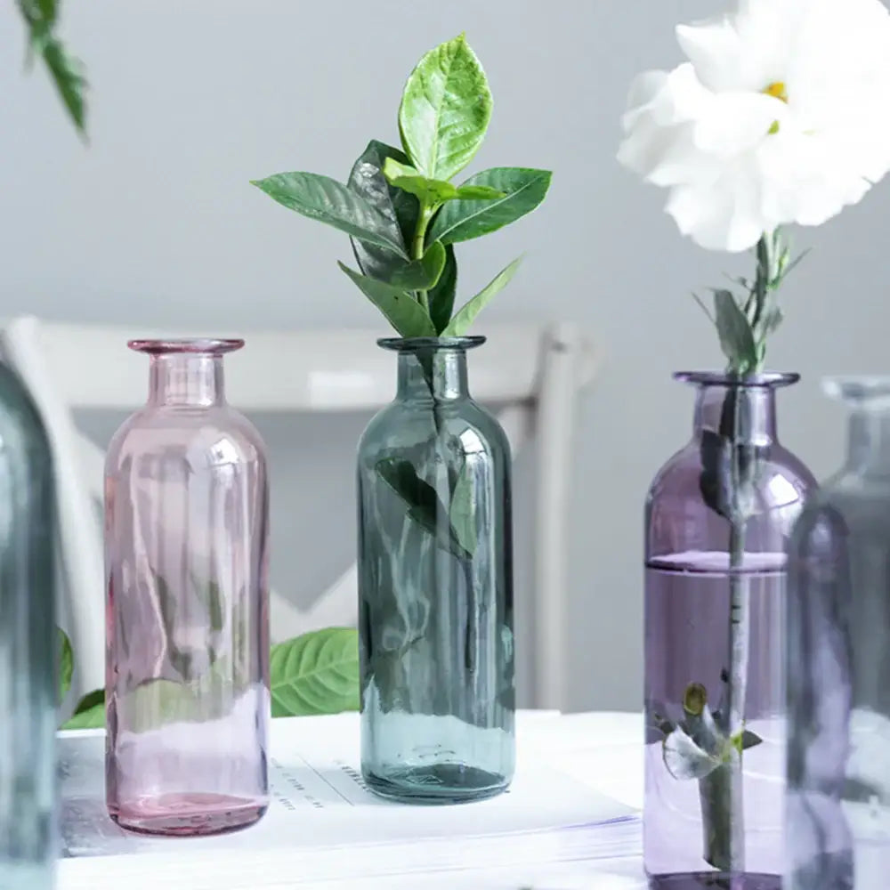 DecorBites™ multicolor translucent teal glass vase with 2cm opening holding fresh green leaves as flower pot decor