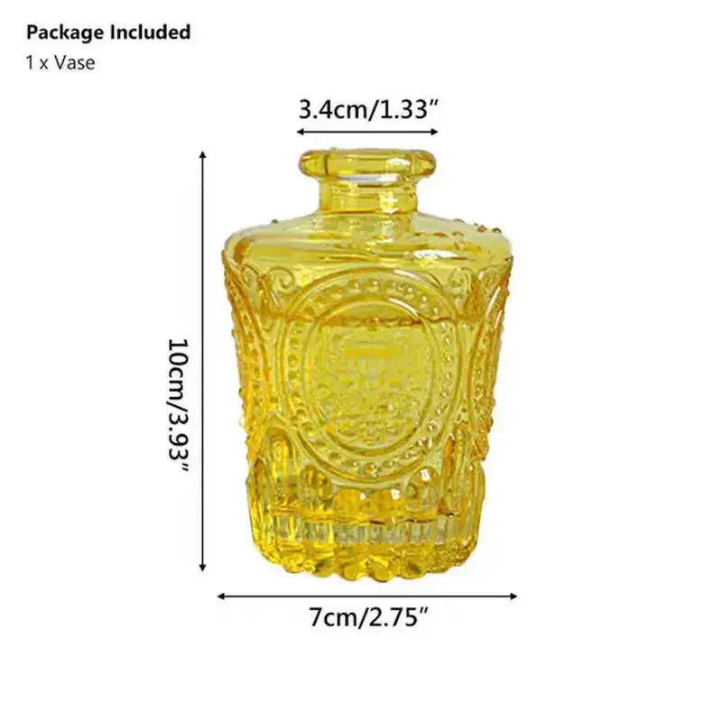DecorBites™ translucent yellow glass vase with intricate embossed patterns and 2cm opening for flower pot use