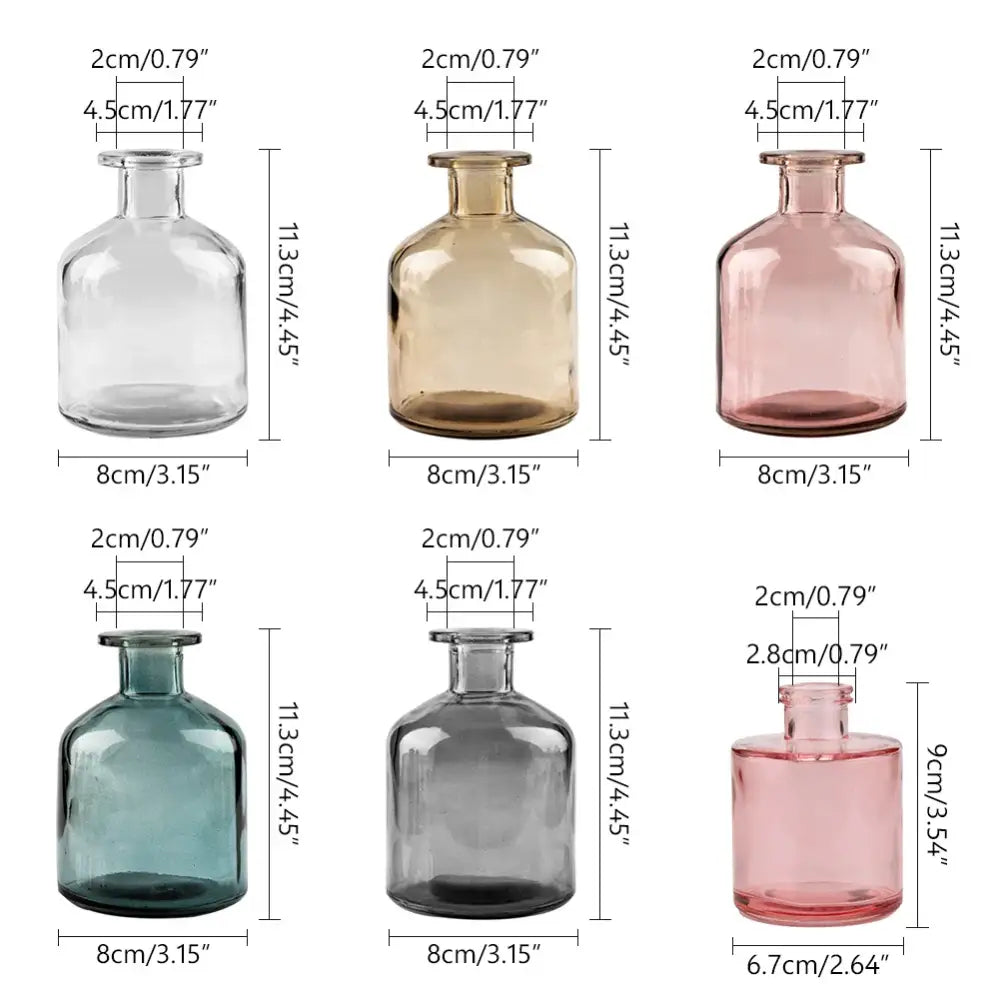 Set of six multicolor european glass vases with 2cm opening for flower pot decoration by decorbites