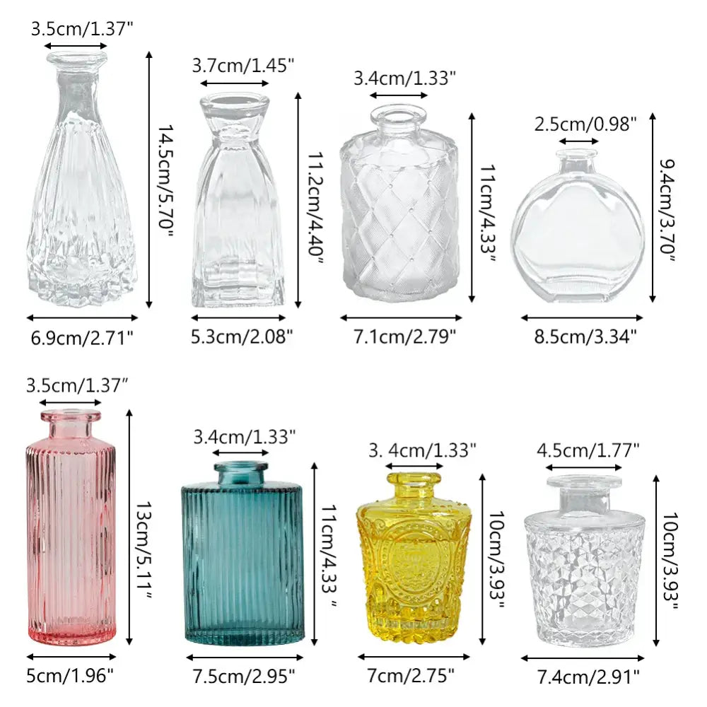 Set of eight multicolor European glass vases with geometric patterns and 2cm opening ideal as flower pots