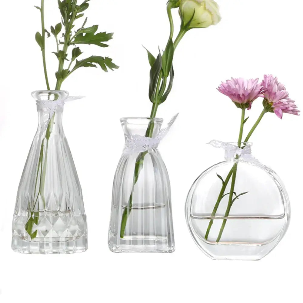Set of three clear multicolor glass vases with faceted designs and lace ties for flower pot decoration opening 2cm