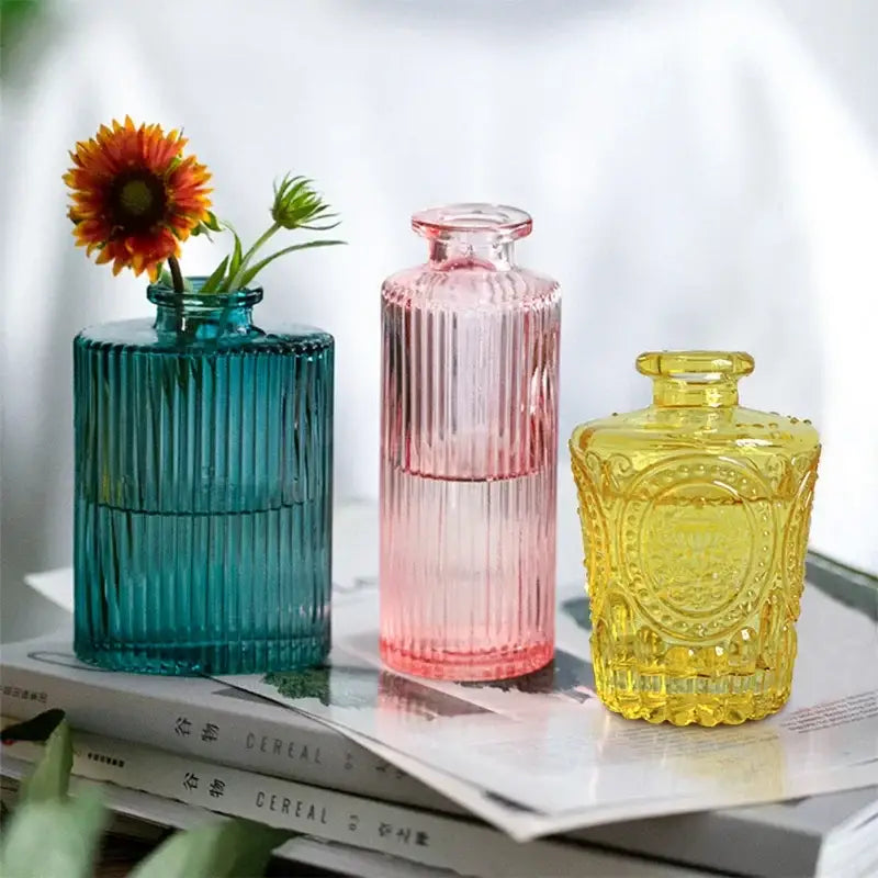 DecorBites™ multicolor European glass vase set with ribbed design in teal pink yellow opening 2cm flower pot decor
