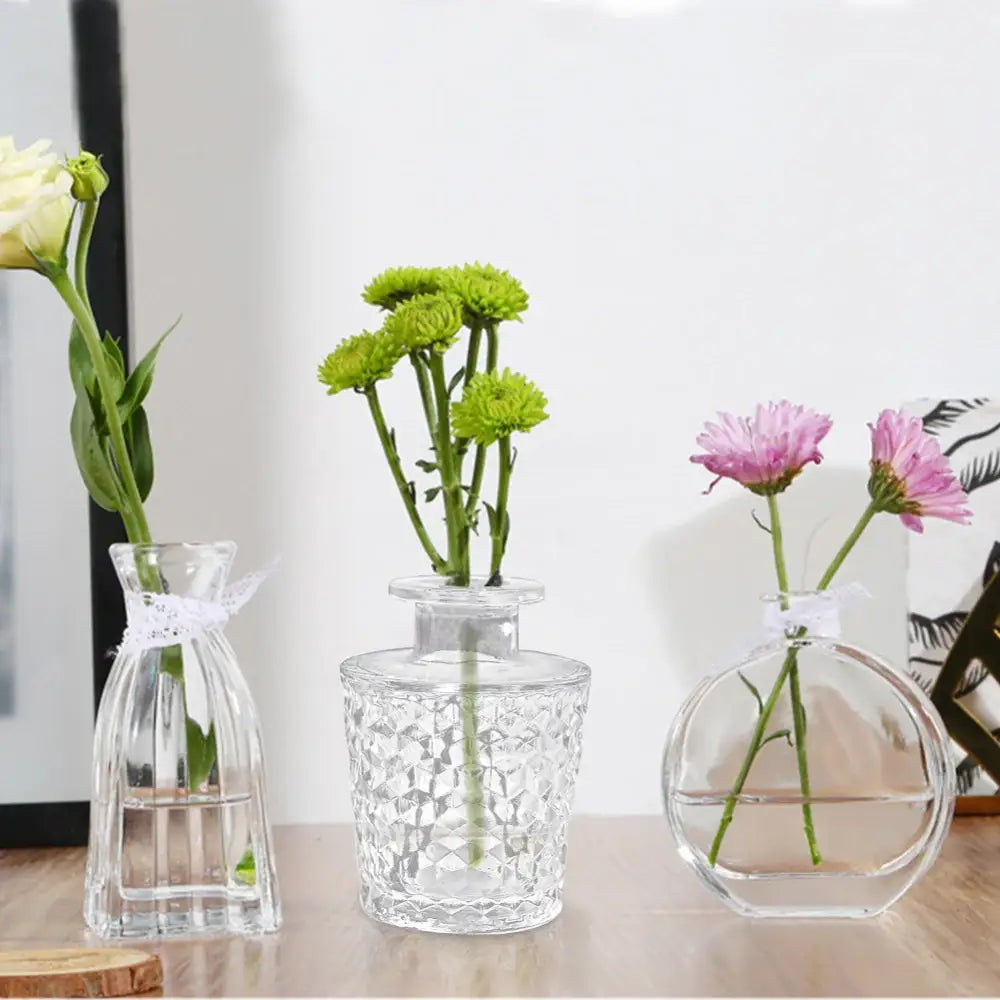 DecorBites™ multicolor European glass vase set with 2cm opening featuring fresh flowers and white lace ribbons