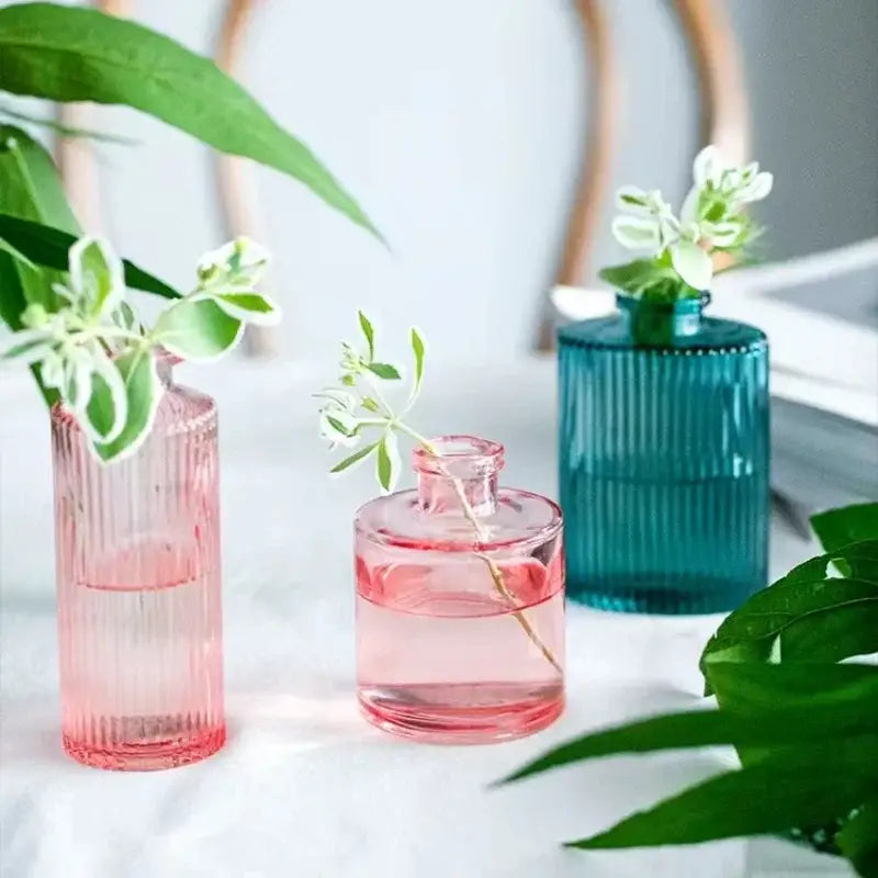 DecorBites™ multicolor European glass vases in pink and teal hues with 2cm opening hold delicate greenery