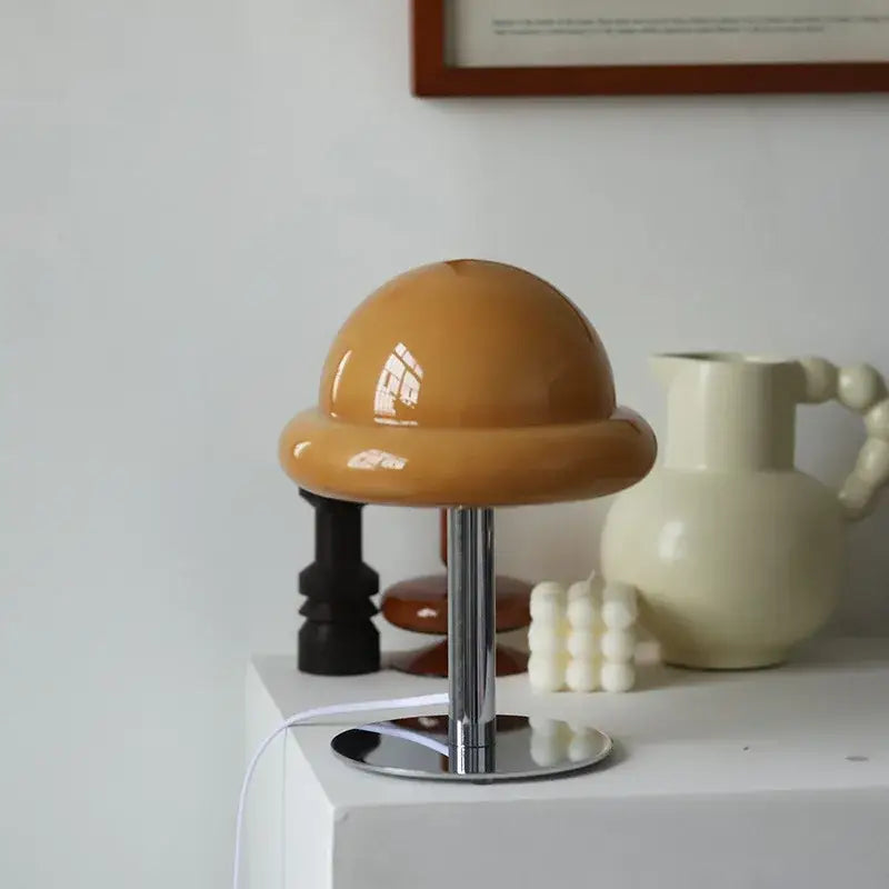 Decorbites™ mushroom table lamp with glossy amber shade and chrome stem and base for stylish lighting