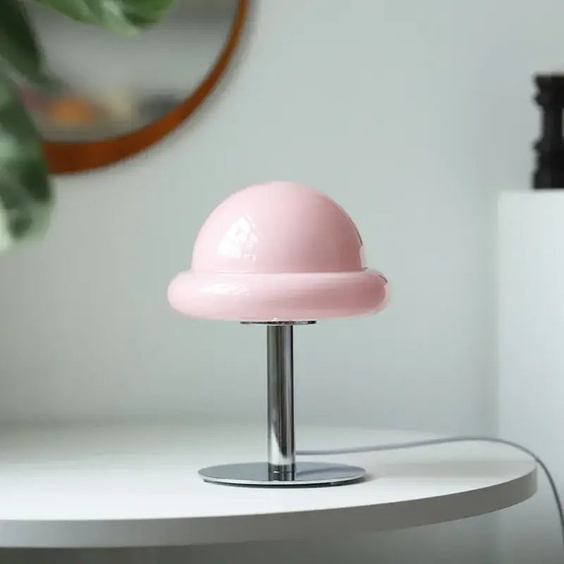 Pastel pink dome-shaped mushroom table lamp with sleek chrome stand by decorbites bauhaus furniture