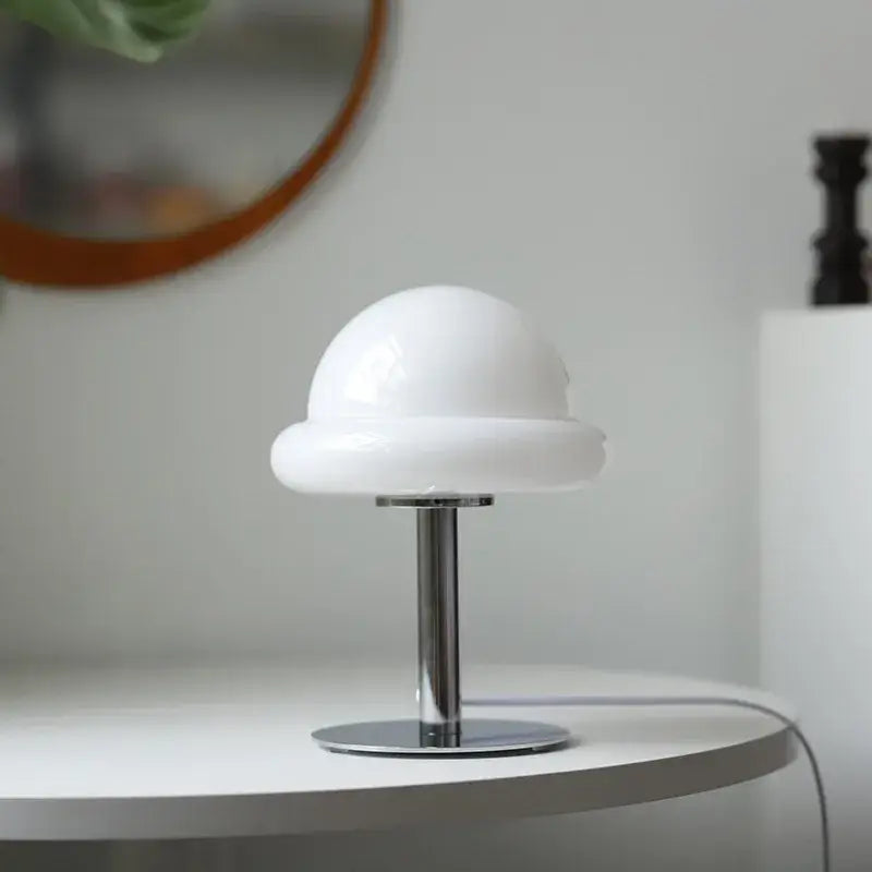 Decorbites™ mushroom table lamp featuring a sleek white dome shade with polished chrome stem and base table lamp